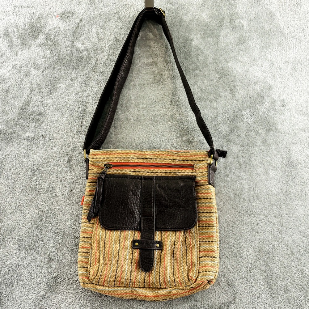 Pistil Gotta Run Bag Brown Burlap Stripe Crossbody Purse Adjustable Strap Zipper